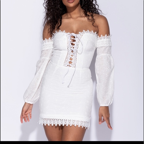 Broderie Lace Tie Up Front Bardot Dress - Picture 4 of 10